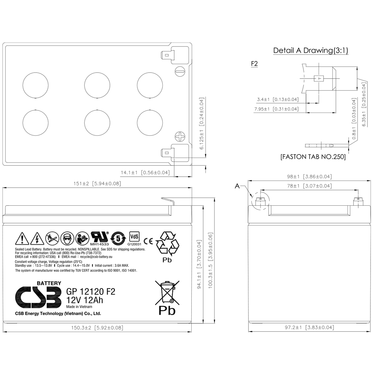 CSB 12V 12AH KURU TİP AKÜ GP12120F2